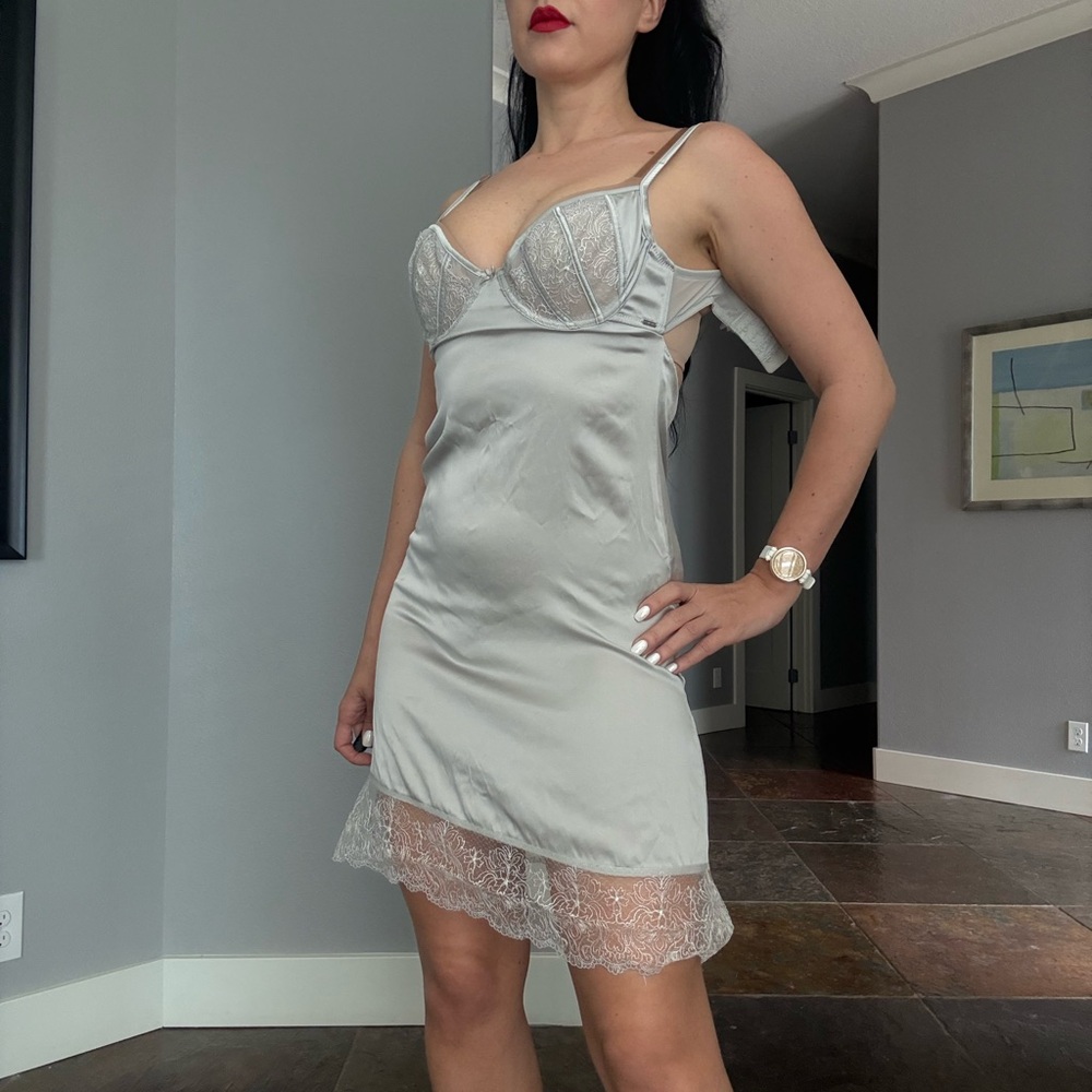 Reserved Gray 100% real silk Chemise with Lace Trim
